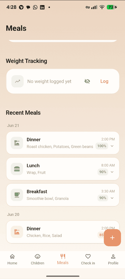 Innerhue meal and mood log screen showing gentle tracking without calorie counts